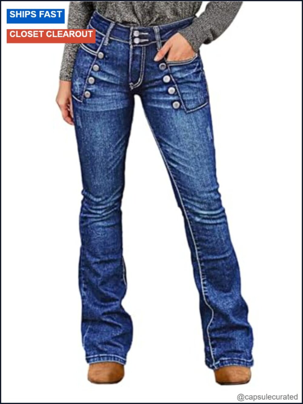 Bootcut Mid Rise Stretch Denim Jeans with Sailor Buttons Patch Pocket